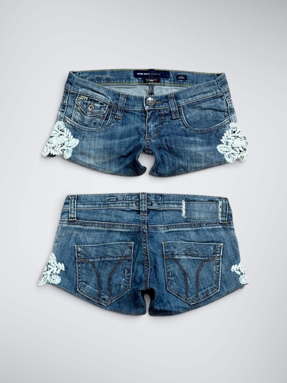 Y2K Vintage Miss Sixty Italian Denim Ultra Low Rise Micro Shorts White Crochet T